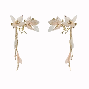 Elegant floral tassel hair clips with sheer fabric petals, pearls and sparkling rhinestones