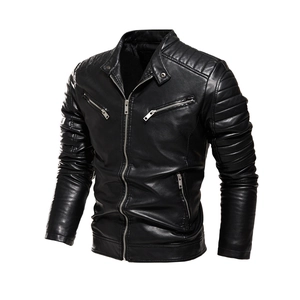 Men's black faux leather motorcycle jacket with stand collar and quilted shoulder details