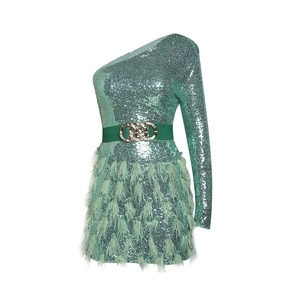 Sexy mint green sequin one-shoulder dress with feather trim and gold buckle belt