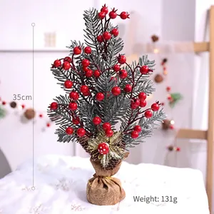 Mini Christmas tree 35cm with snow pine needles and red berries on burlap base