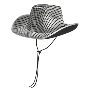 Silver disco mirror cowboy hat with reflective sequins and adjustable black chin strap
