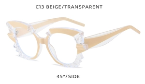 Detailed 45-degree side view of irregular geometric beige and transparent eyewear frame