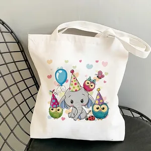 Unicorn cartoon canvas tote bag with elephant and owl print for women casual fashion