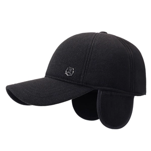 Men's winter baseball cap with thick wool fabric, ear flaps and metallic H shield logo
