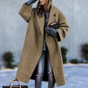 Detail of warm khaki wool coat showing wide lapels and thick textured fabric