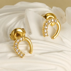 Boucles d'oreilles fer à cheval en acier inoxydable doré 18K avec petits diamants incrustés