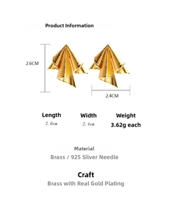 Detailed view of gold geometric earrings with size specs and 925 silver needles