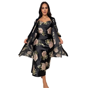 Elegant plus size black satin pajama set with vintage floral print for women
