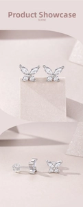 Detail view showing front and side profile of silver butterfly stud earrings with zircons
