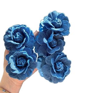 Vintage denim blue rose hair clips with handcrafted fabric flower petal details