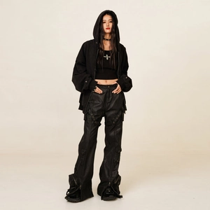 Women's black waxed cargo flare pants with multi-pockets for Y2K street style look