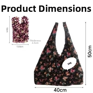 Size guide for butterfly print magic stretch tote bag showing flat and folded dimensions