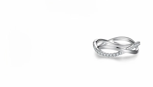 Macro detail of S925 sterling silver infinity ring with pave-set sparkling lab diamonds