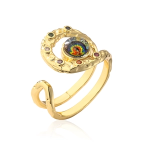 Bohemian gold evil eye open ring with colorful stones and sparkling crystal accents