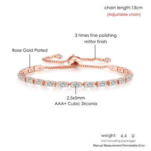 Adjustable rose gold tennis bracelet with rectangular AAA+ cubic zirconia crystals
