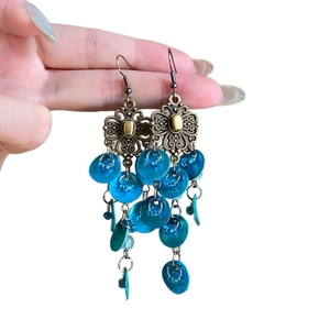Bohemian floral tassel drop earrings with blue shell sequins and vintage bronze finish