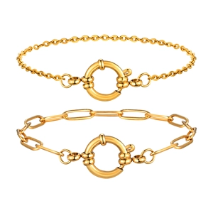 Gold stainless steel paperclip and link chain bracelets with round spring buckle closure
