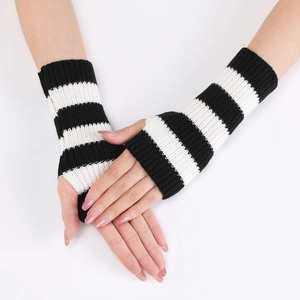 Knit arm warmers with black and white horizontal stripes in a fingerless design