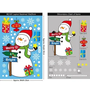 Size guide for Christmas window stickers featuring snowman and snowflake dimensions