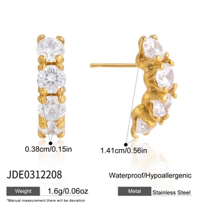 Vue macro de boucles d'oreilles C en acier inoxydable avec cinq zircons ronds