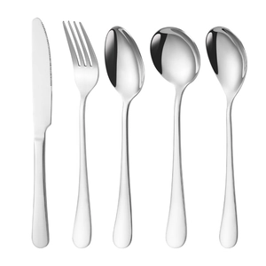 5-piece 304 stainless steel cutlery set with knife, fork, and spoons on white background
