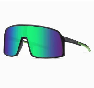 Detail of TR90 sports sunglasses featuring iridescent lens and green anti-slip temples