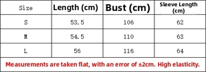 Size chart for French style embroidered knit cardigan jacket with S to L measurements