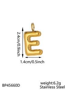 Detail view of a gold chubby bubble letter E pendant with dimensions and weight specs