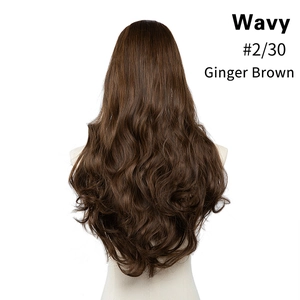 Detailed back view of ginger brown wavy hair extensions on mannequin for natural volume