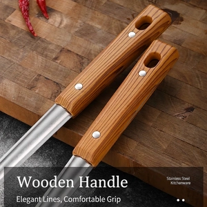 Polished stainless steel spatula with ergonomic wood grain handle and rivet reinforcement