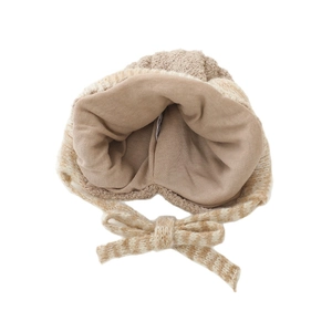 Winter striped knit baby earflap hat with double pom poms and chin ties for warmth