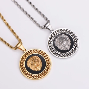 Lion head pendant necklace in gold and silver finish with twisted rope chain