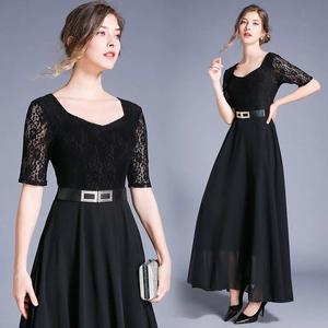 Elegant Black Lace Chiffon Patchwork Maxi Dress With Belt Half Sleeve Slim Fit Evening Formal Wedding Party