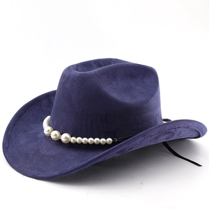 Detail view of the deep blue suede cowboy hat featuring elegant white pearl chain accents