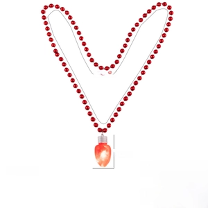 Dettaglio della collana di perle rosse con ciondolo a lampadina LED arancione e misure