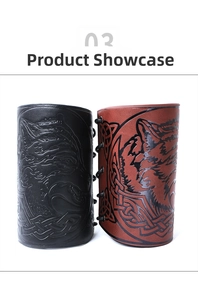 Close-up of Viking PU leather bracers featuring embossed wolf heads and Celtic knot patterns