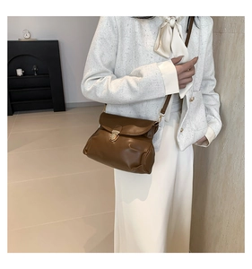 Detail of dark brown leather crossbody bag with elegant gold metal lock on front flap
