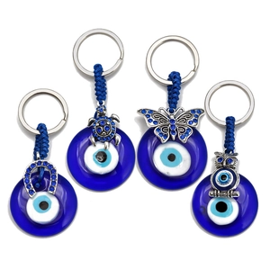 Blue Evil Eye Keychain Alloy Glass Rhinestone Owl Butterfly Turtle Horseshoe Charm Pendant For Car Bag Women Men Jewelry