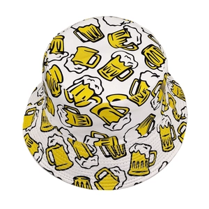 Outdoor white bucket hat with yellow beer pattern print for summer sun protection
