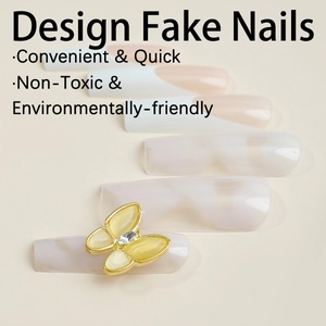 Extra long French press-on nails with 3D metallic butterfly and gradient white finish