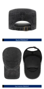 Detail view of washed cotton military cap featuring adjustable metal buckle and interior seams