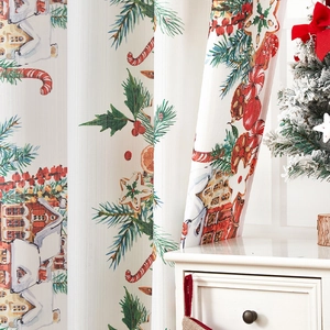 Christmas blackout curtain with gingerbread house and candy cane print on white fabric