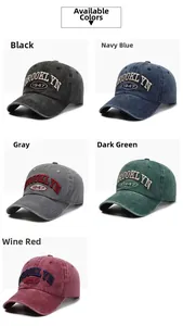 Detail of five washed cotton baseball caps with 3D Brooklyn 1947 embroidery texture