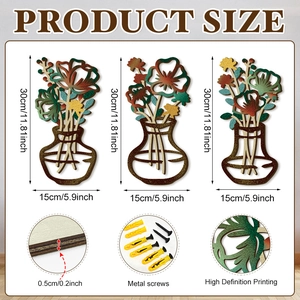Dimensions détaillées de trois vases muraux bohèmes en bois ajouré avec vis de fixation métal