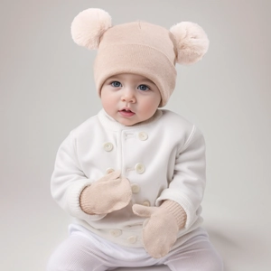 Detail of pink knitted baby hat with dual pom-poms and matching soft mittens set