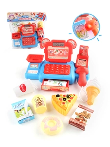 Close-up of kids cash register toy with light-up scanner and various play food items
