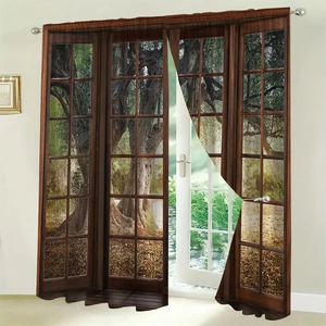 Detailed close-up of scenic landscape polyester curtain with rustic wood window frame print