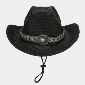 Detail of black straw cowboy hat with ethnic band, turquoise stone and adjustable chin strap