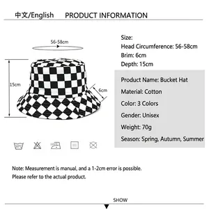 Guide des tailles pour bob en coton à carreaux avec dimensions et détails du produit