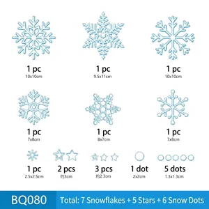 Detailed size chart for Christmas snowflake window stickers with various dimensions